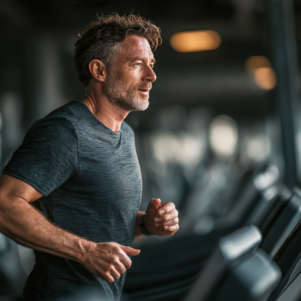 Енергійний чоловік 58 років займається кардіо тренуванням на біговій доріжці в стильному фітнес-клубі