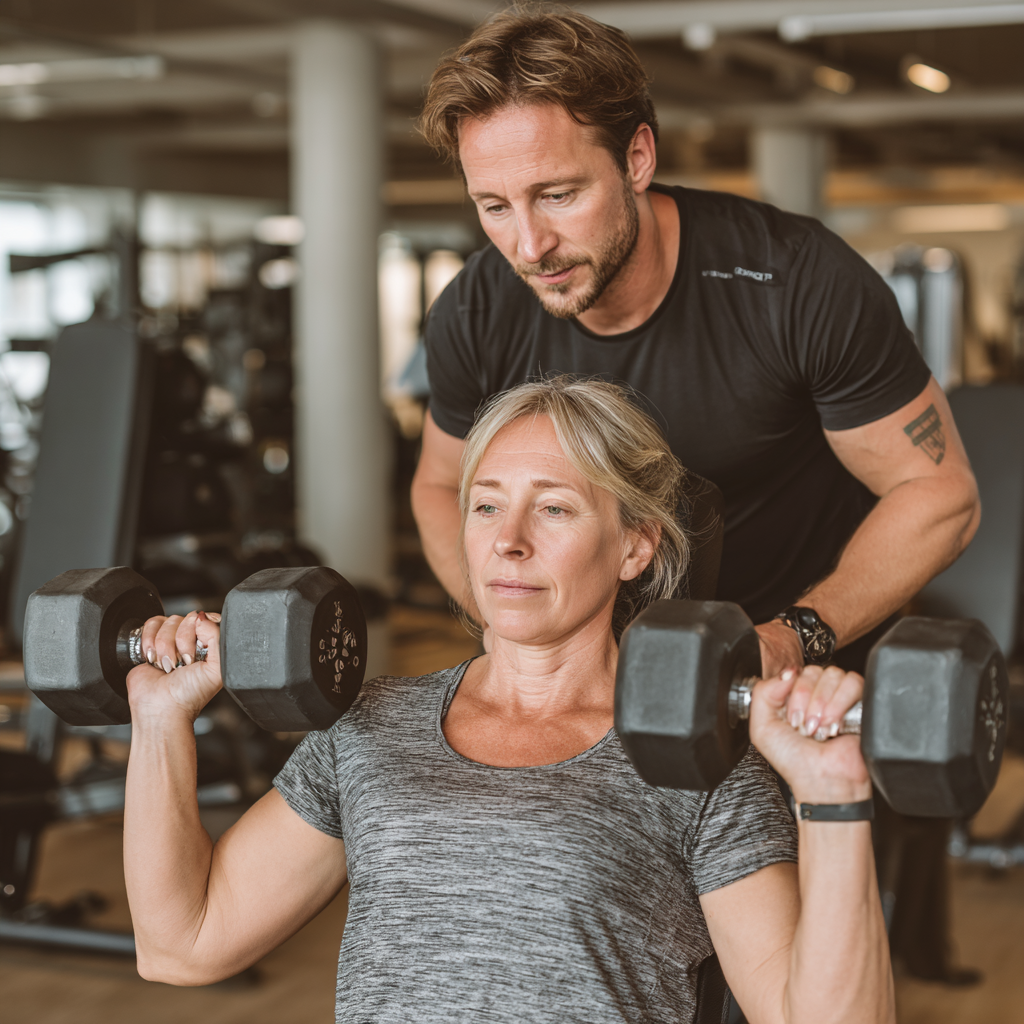 Персональний тренер працює з жінкою віком 52 років, показуючи правильну техніку виконання вправ у стильному спортивному залі