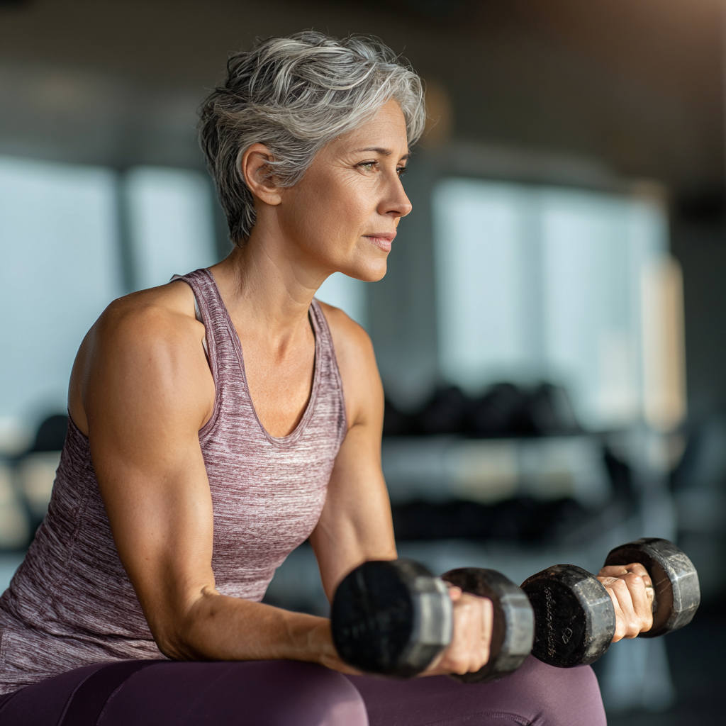 Стильна жінка віком 55 років виконує силові вправи з гантелями в сучасному фітнес-залі